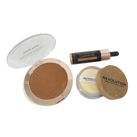 Makeup Revolution Skin Kiss Highlighter Champagne Liquid and Powder Set. - Picture 5 of 7